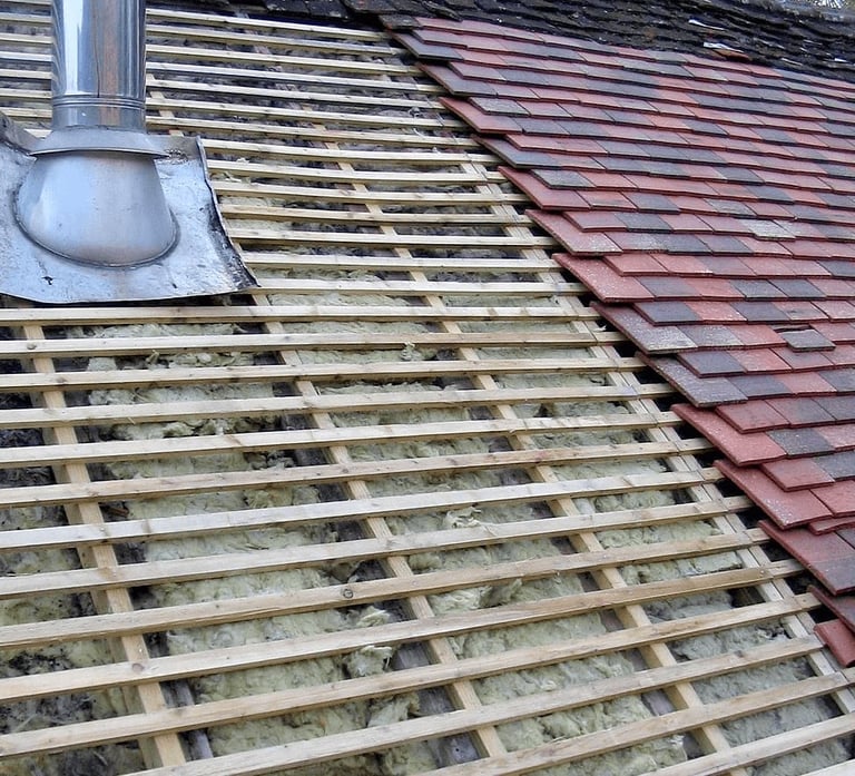 Roof under renovation showing wooden rafters and partially installed red clay tiles with metal flashing and chimney visible